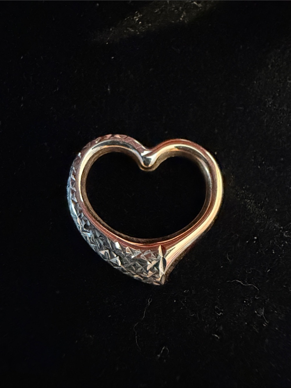 Real 10K gold puffy asymmetric open heart pendant with diamond cut accents